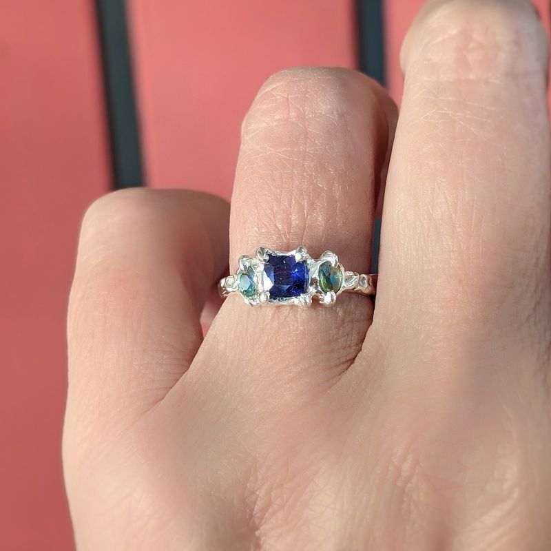 Blue Sapphire and Tourmaline engagement ring in Solid 14k Gold