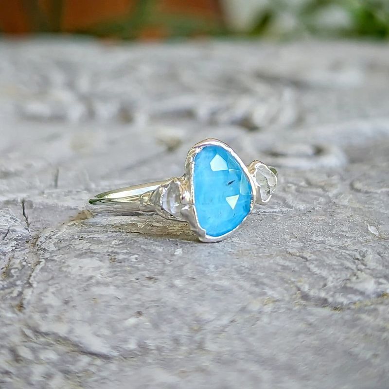Blue Topaz and Herkimer diamond engagement ring in Sterling Silver