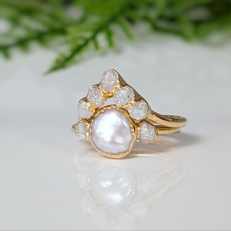 Freshwater pearl and raw diamond engagement ring