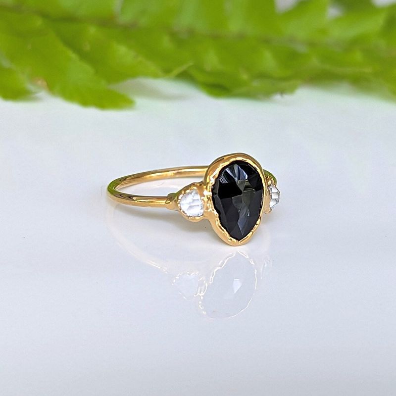 Black Spinel and Herkimer diamond engagement ring in Solid 18k Gold