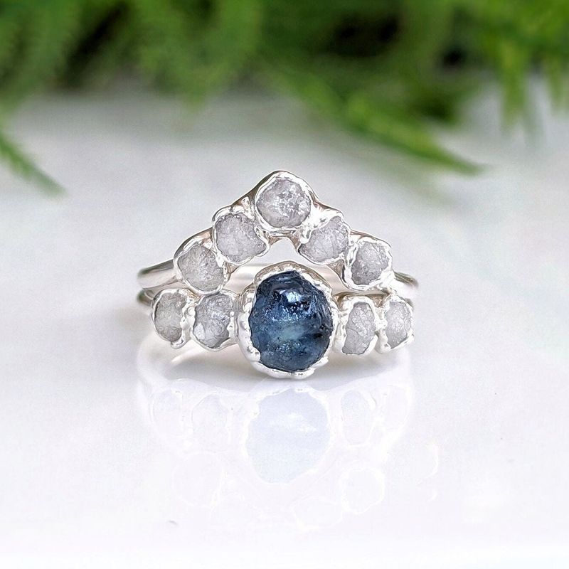 Raw Montana Sapphire and diamond bridal ring set
