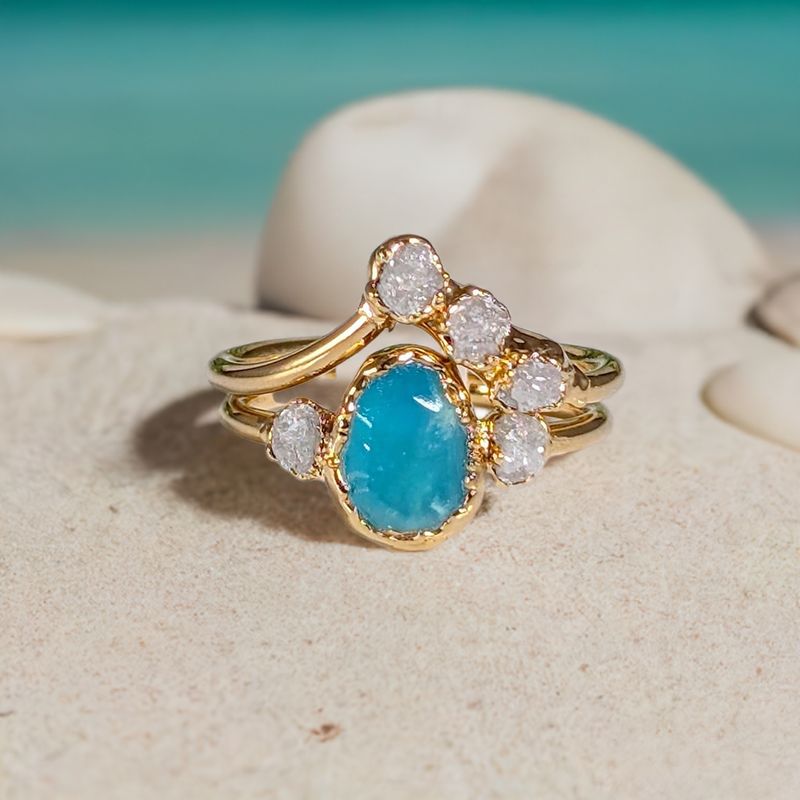 Raw Peruvian Opal and diamond engagement ring set