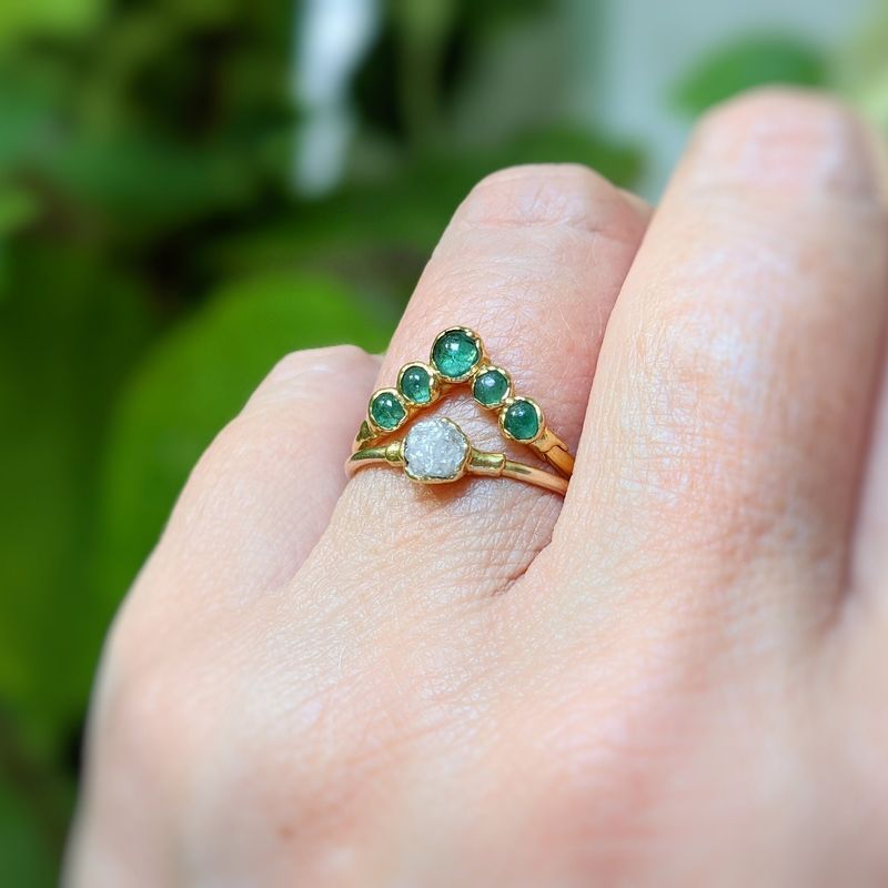Emerald and Herkimer diamond wedding ring set