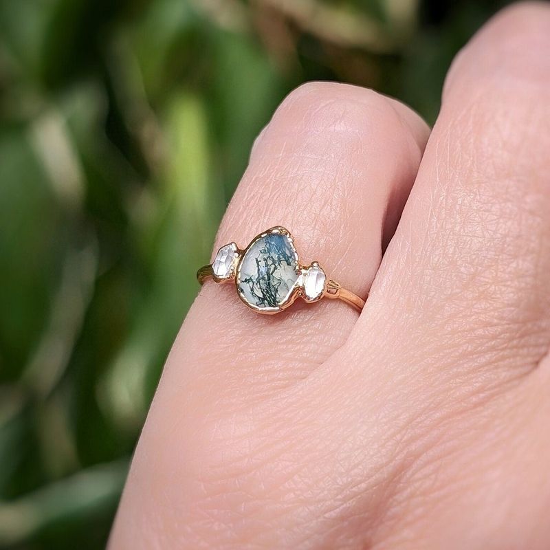 Moss Agate and Herkimer diamond engagement ring - Pear shape Moss Agate ring