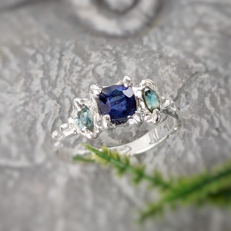 Blue Sapphire and Tourmaline engagement ring in Solid 14k Gold