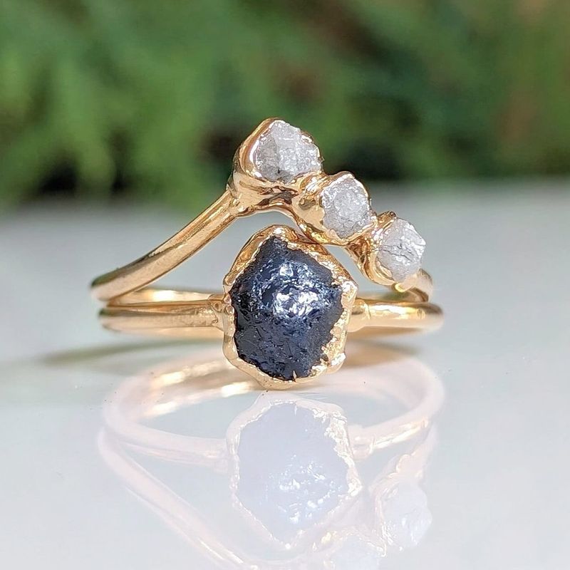 Raw Sapphire & rough diamond Chevron wedding ring set