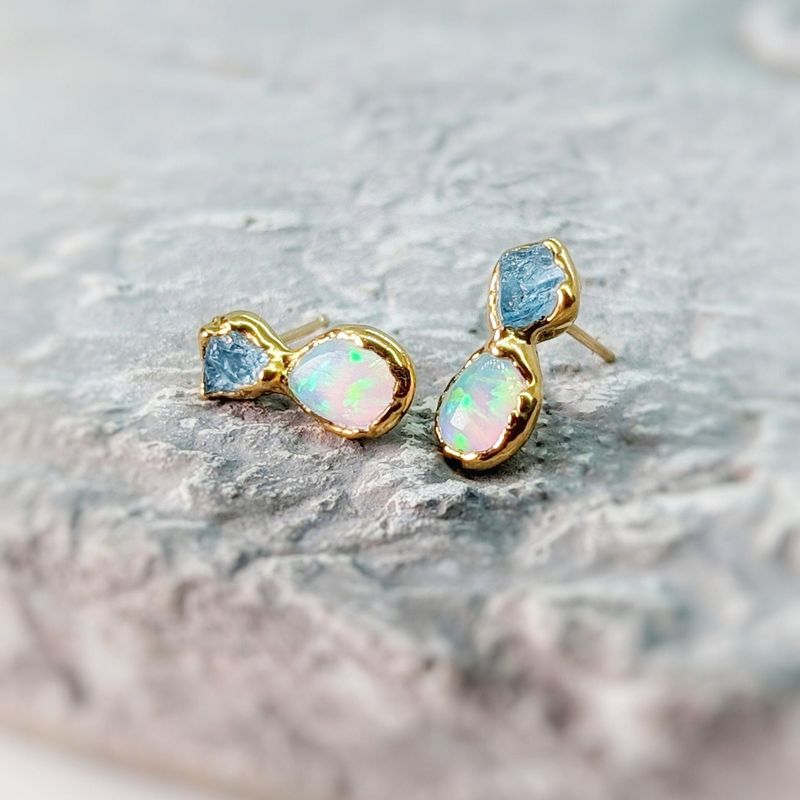 Raw Aquamarine and Opal stud earrings