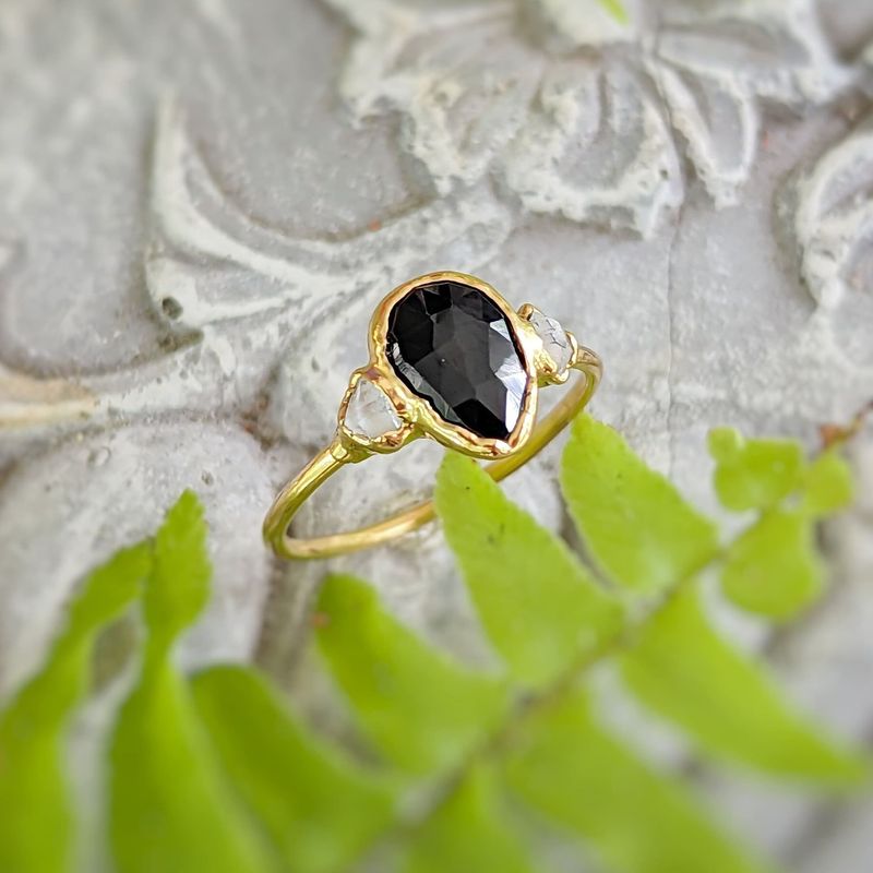 Black Spinel and Herkimer diamond engagement ring in Solid 18k Gold