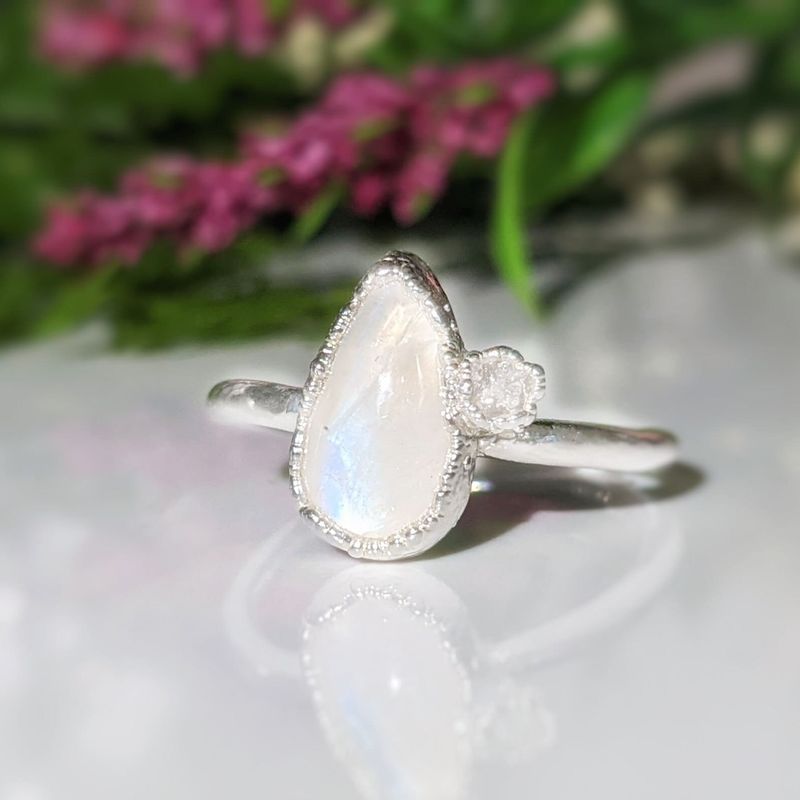 Rainbow Moonstone and raw diamond ring