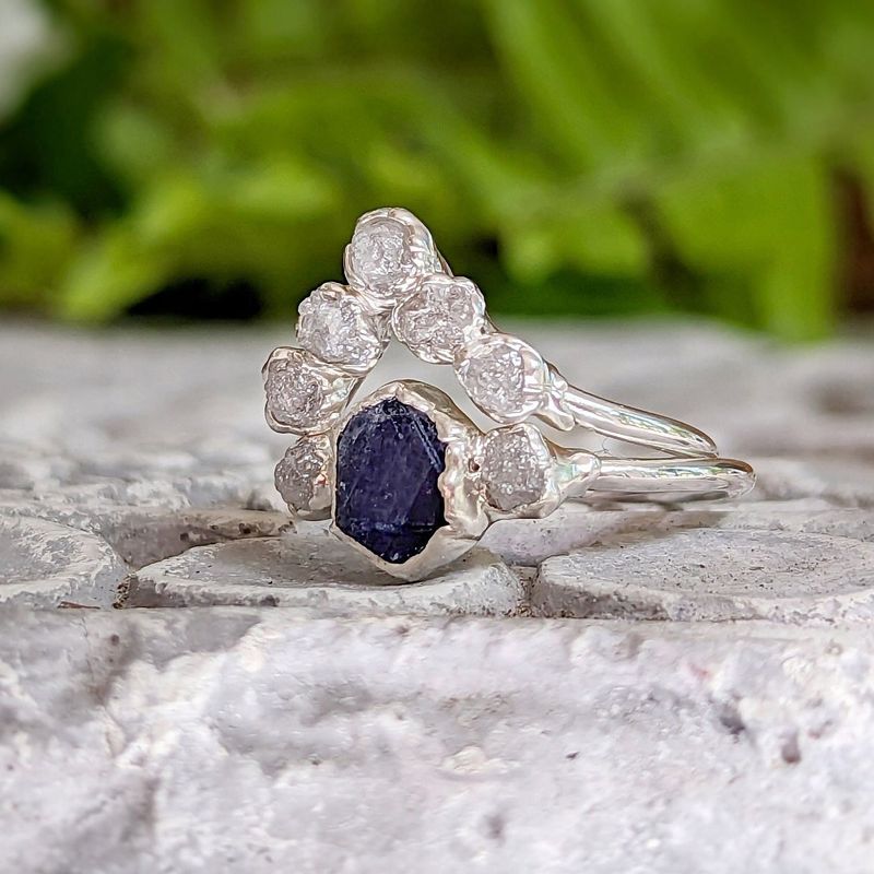 Raw Sapphire and diamond wedding ring set
