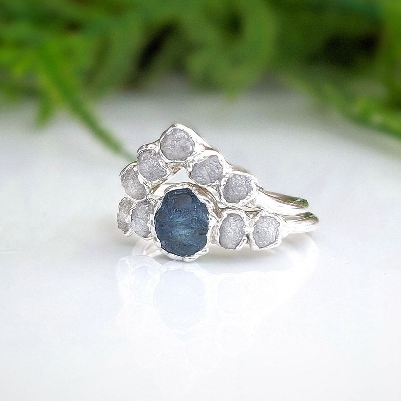 Raw Montana Sapphire and diamond bridal ring set