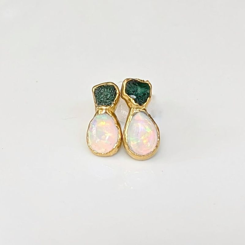 Raw Emerald and Opal stud earrings