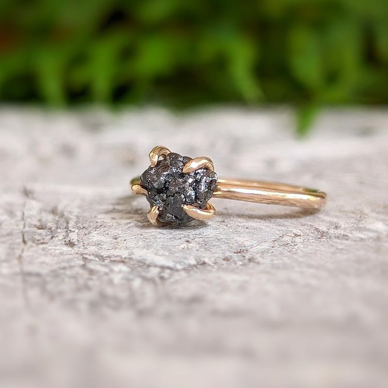 Raw black diamond engagement ring - Solid 14k Gold rough uncut black diamond ring