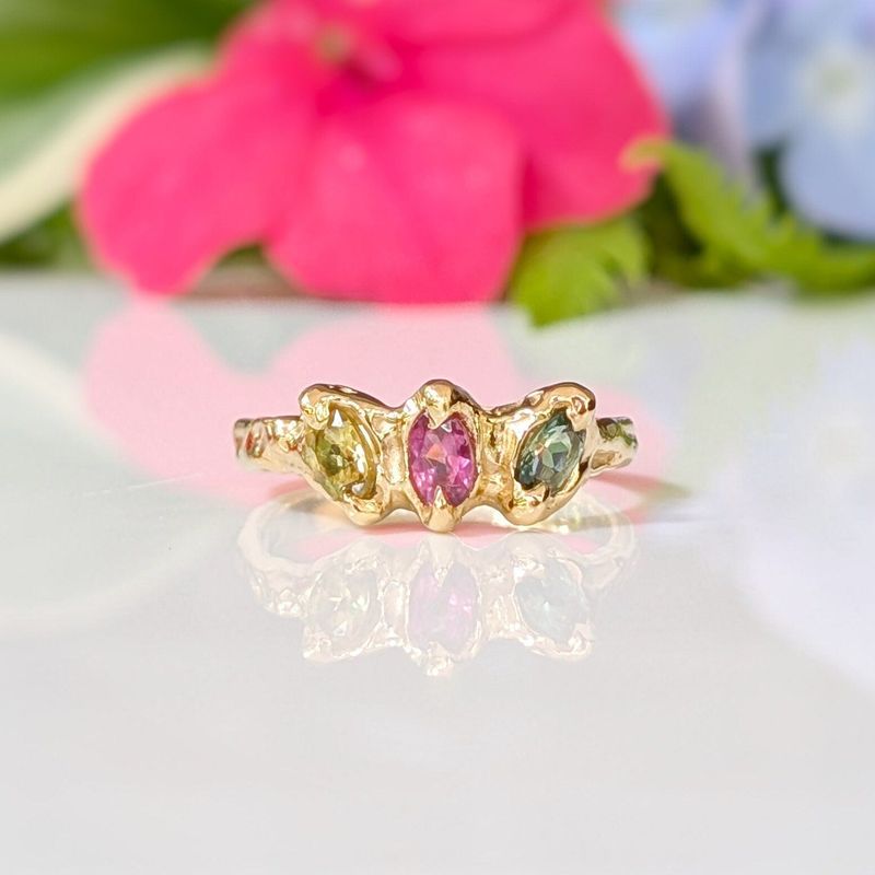 Solid Gold multi Tourmaline ring