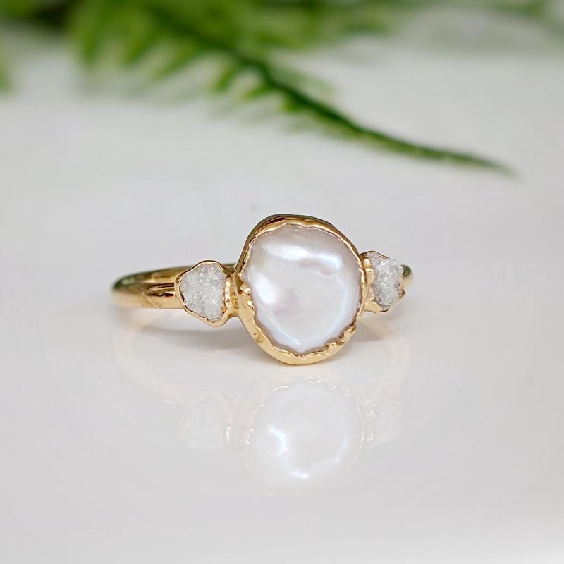 Freshwater pearl and raw diamond engagement ring