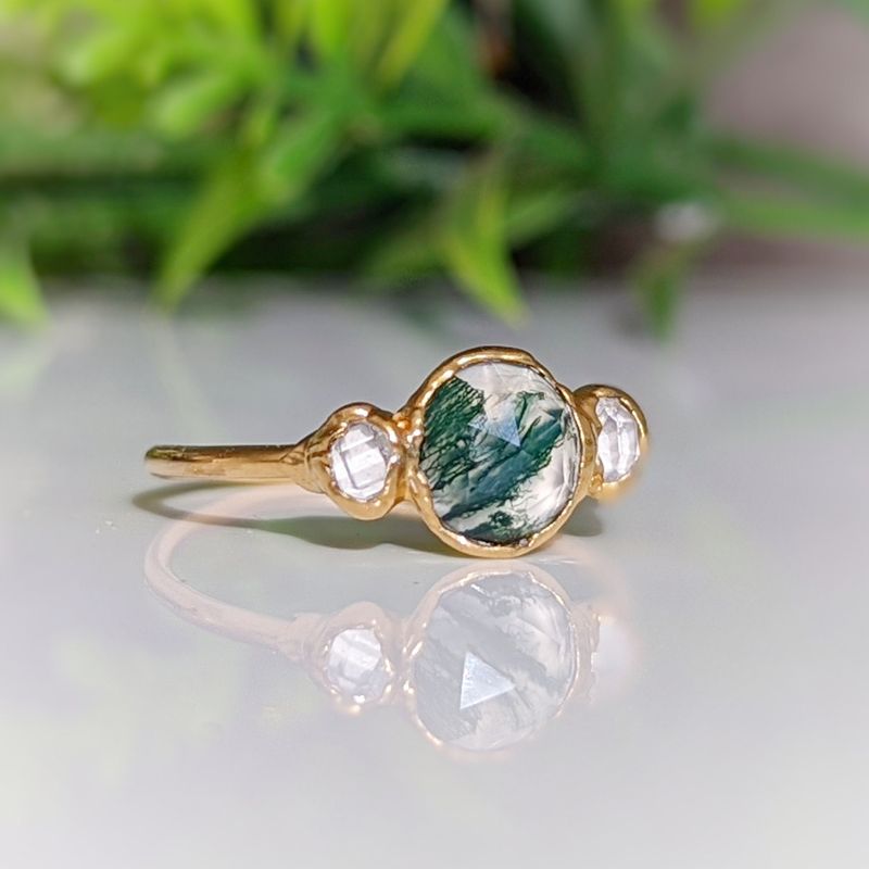 Bague avec Agate Mousse et diamants Herkimer
