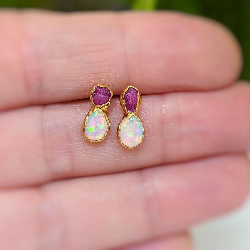 Raw Ruby and Opal stud earrings