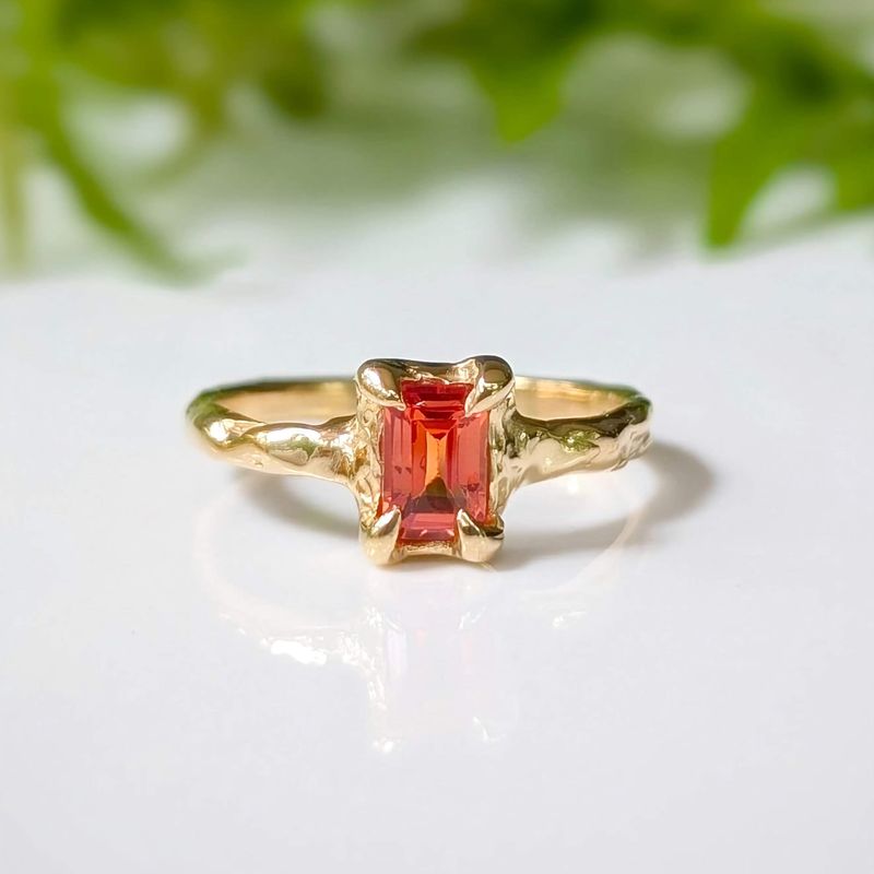 Orange Sapphire textured ring in Solid 14k Gold