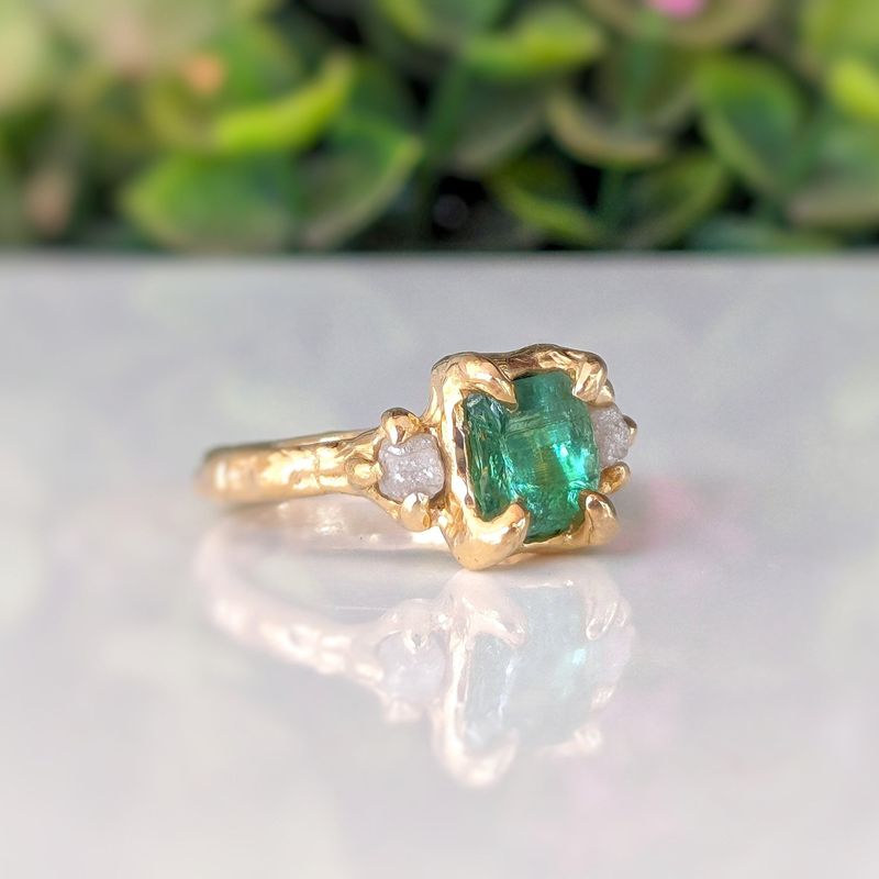 Raw Emerald and diamond engagement ring in Solid Sterling Silver