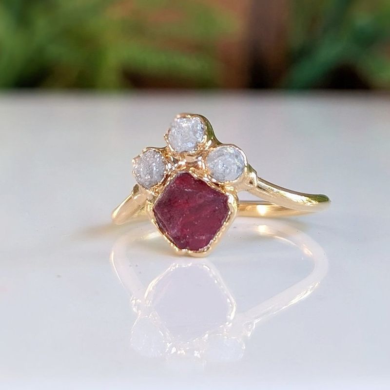 Raw Diamond and Pink Spinel Chevron Engagement Ring