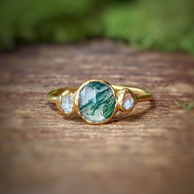 Moss Agate & diamond engagement ring in Fine Silver