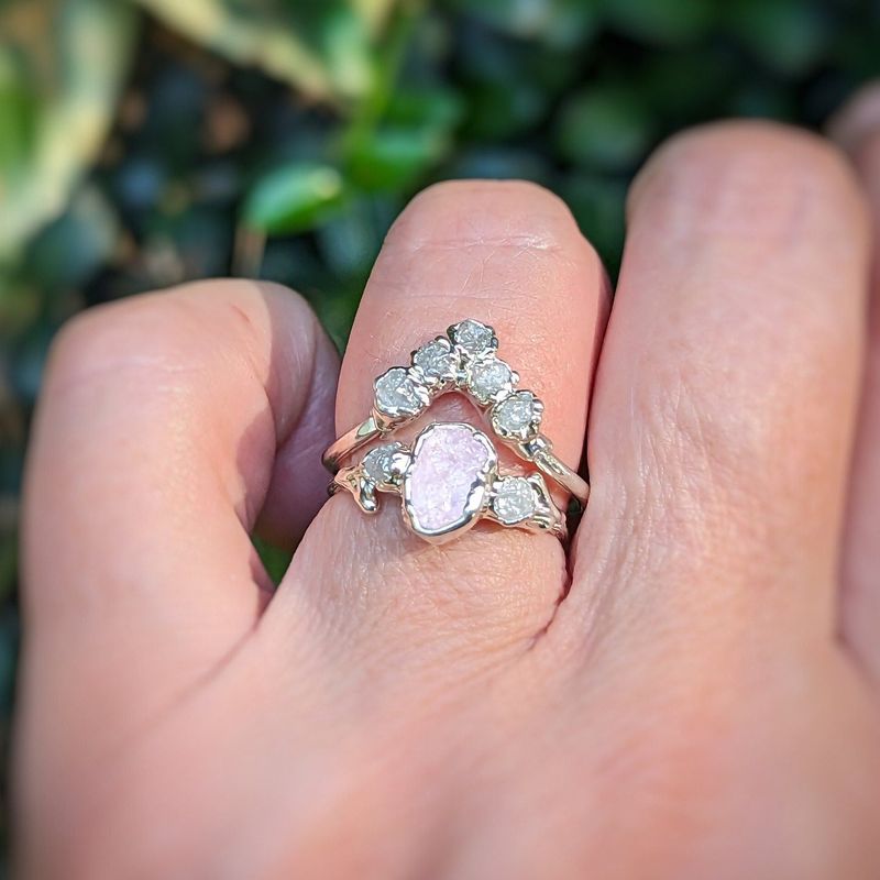Raw Pink Morganite and diamond wedding ring set