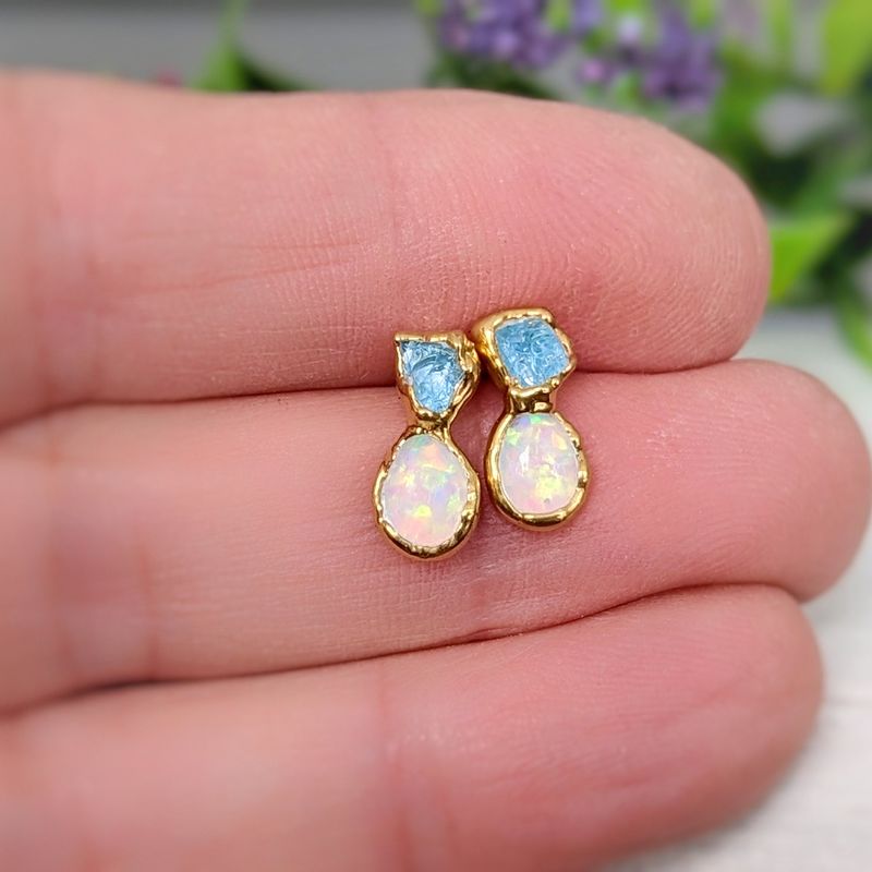 Raw Aquamarine and Opal stud earrings