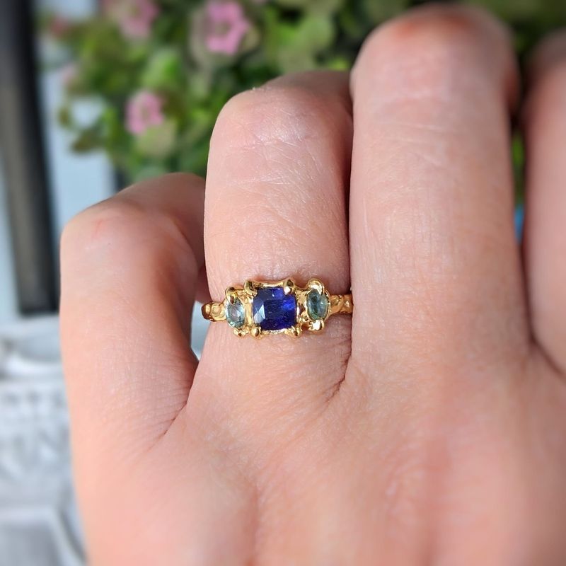 Blue Sapphire and Tourmaline engagement ring in Solid 14k Gold