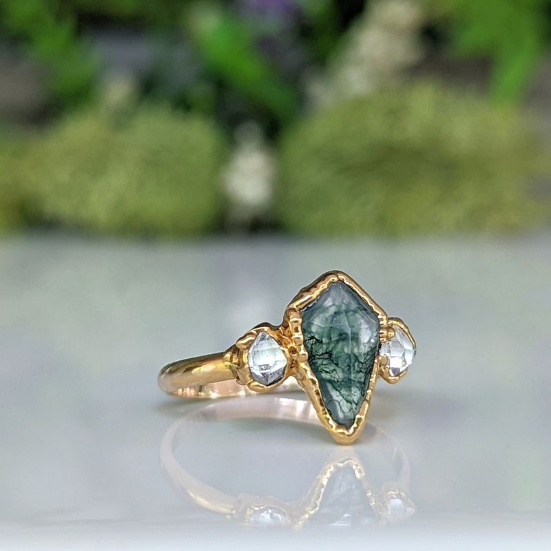 Moss Agate and Herkimer diamond ring