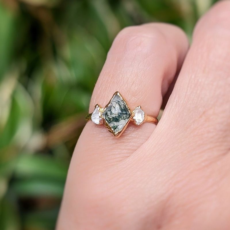 Moss Agate and Herkimer diamond engagement ring - Lozenge shape Moss Agate ring