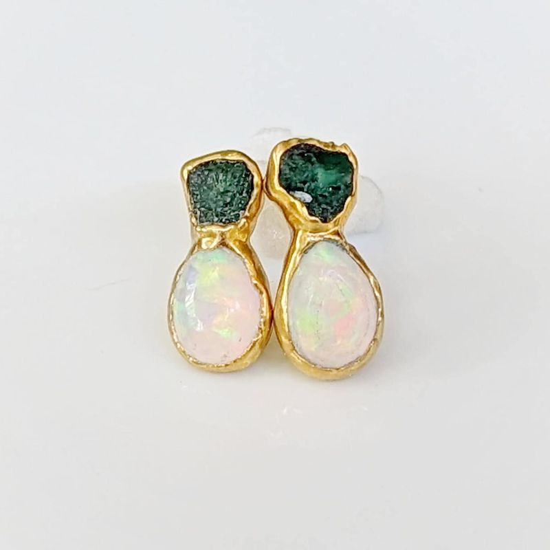Raw Emerald and Opal stud earrings