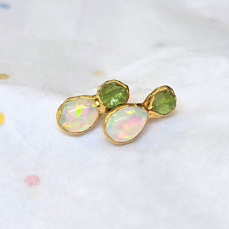 Raw Peridot and Opal stud earrings