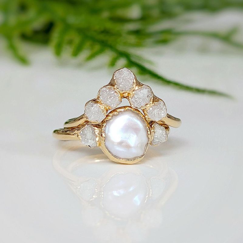 Freshwater Pearl and Raw Diamond Wedding ring set