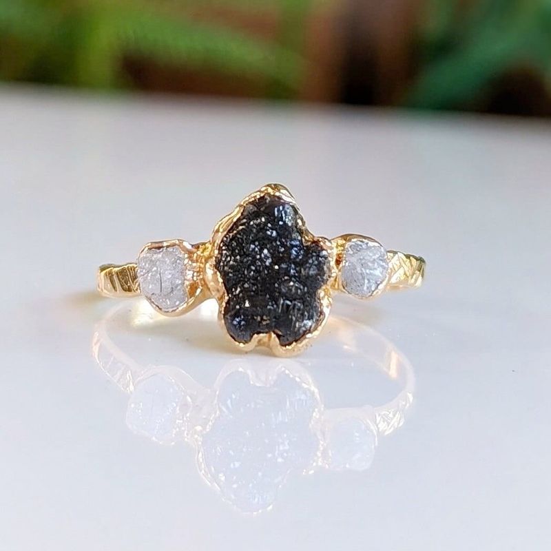Raw uncut Black Diamond engagement ring