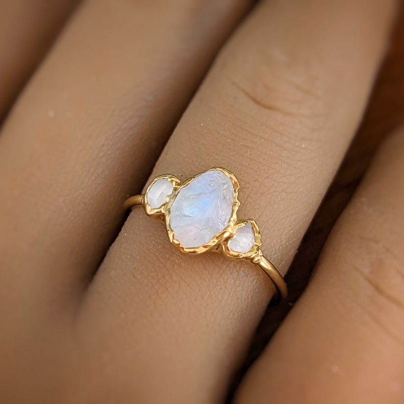 Raw Rainbow Moonstone and Herkimer Diamond Engagement ring