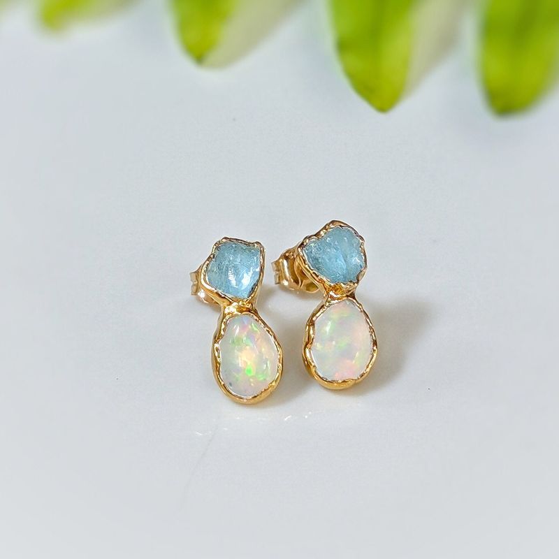 Raw Aquamarine and Opal stud earrings