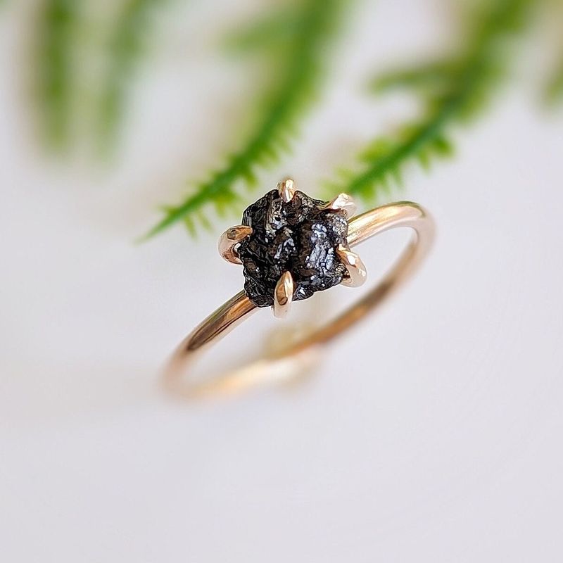 Raw black diamond engagement ring - Solid 14k Gold rough uncut black diamond ring