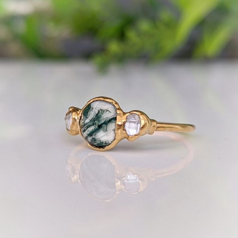 Bague avec Agate Mousse et diamants Herkimer