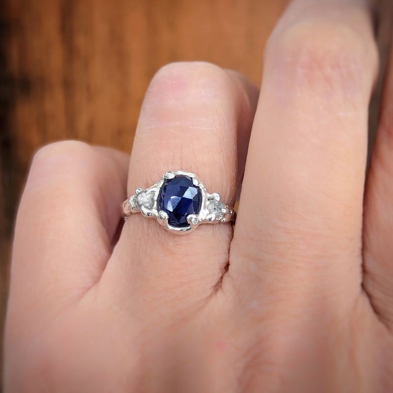 Blue Sapphire and diamond engagement ring - Solid 14k Gold textured ring