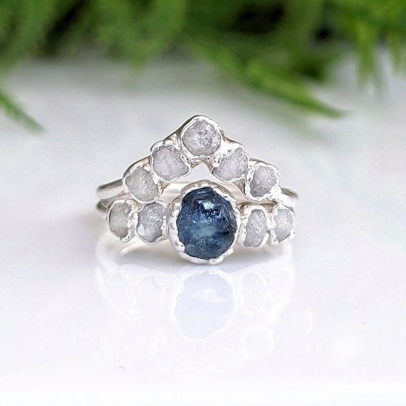 Raw Montana Sapphire and diamond bridal ring set
