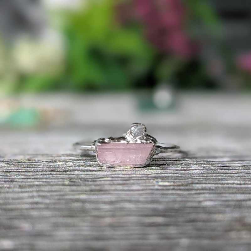 Raw pink tourmaline and rough diamond ring