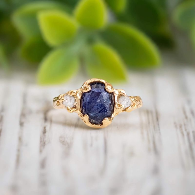Blue Sapphire and raw diamond engagement ring in Solid Sterling Silver