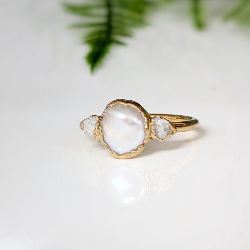 Freshwater pearl and raw diamond engagement ring