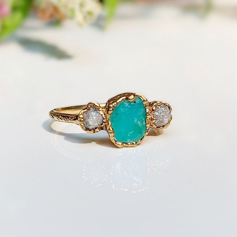 Raw Peruvian Opal and diamond ring in Solid 14k Gold