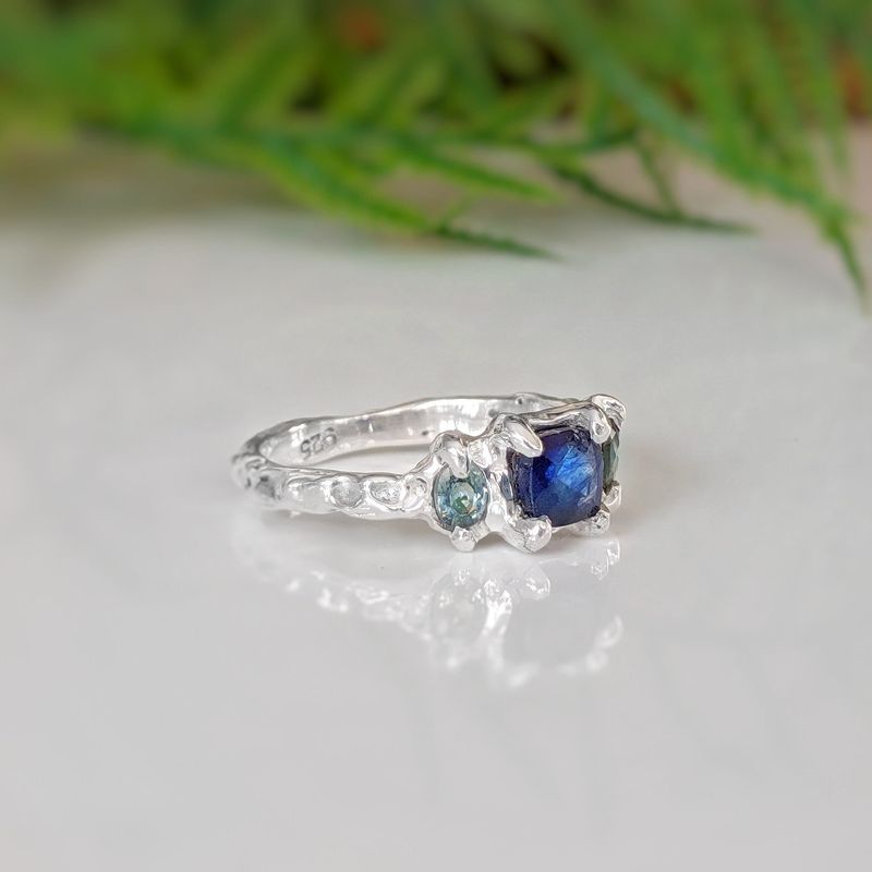 Blue Sapphire and Tourmaline engagement ring in Solid 14k Gold