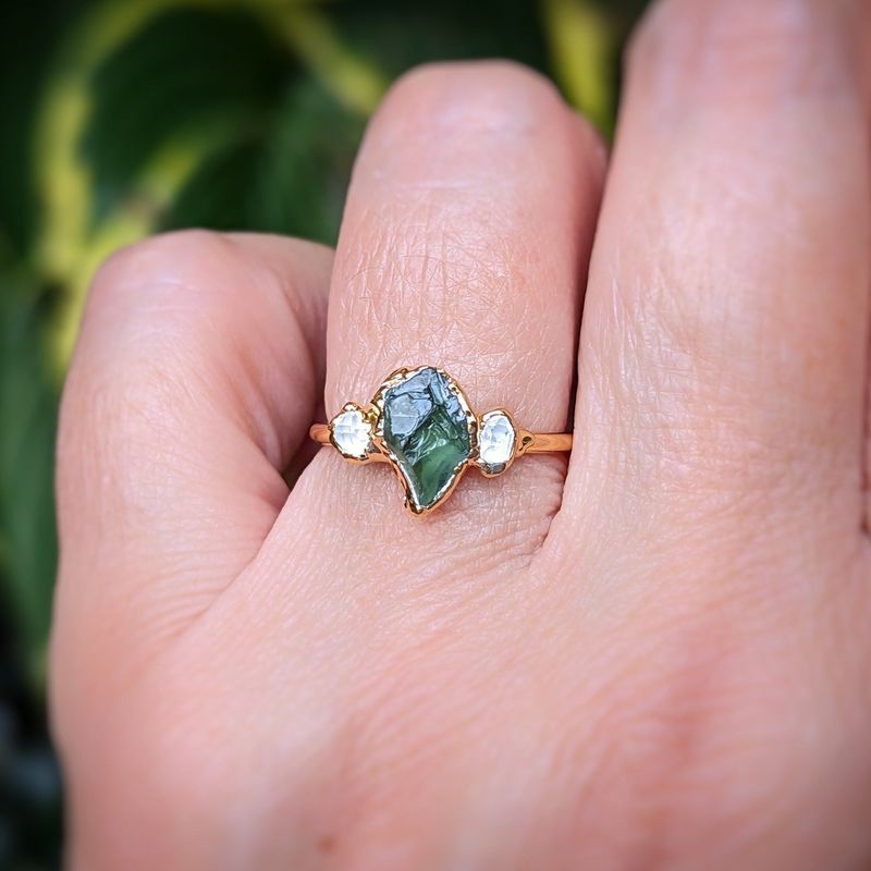 Raw green Sapphire & Herkimer diamond engagement ring