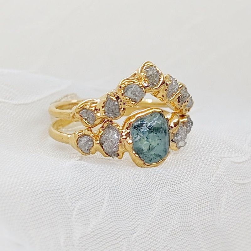 Raw Montana Sapphire and diamond ring set
