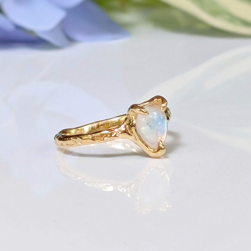 Rainbow Moonstone textured ring in Solid 14k Gold