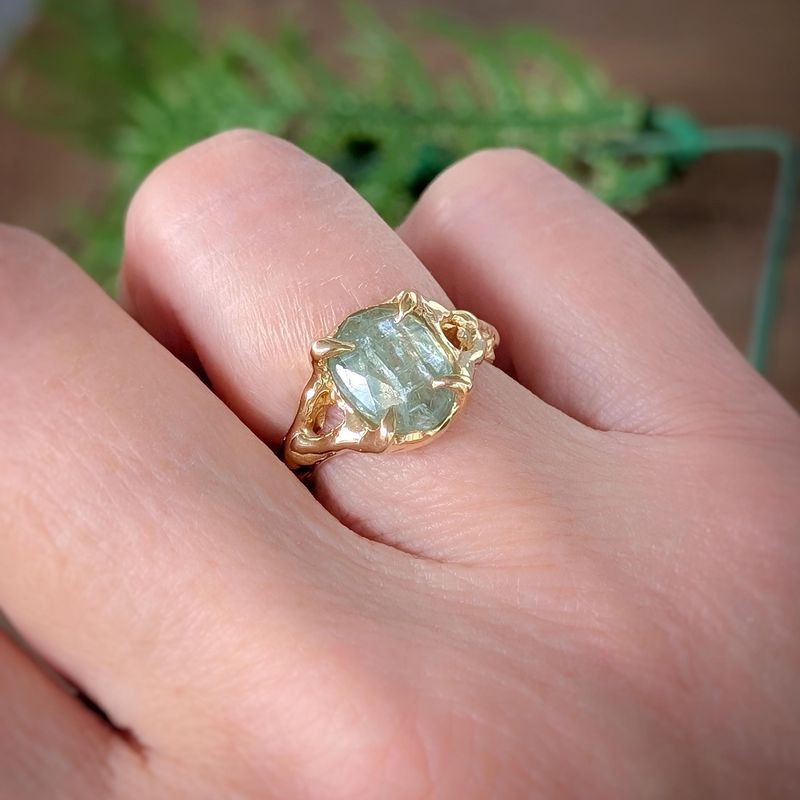Solid Gold textured Green Kyanite ring
