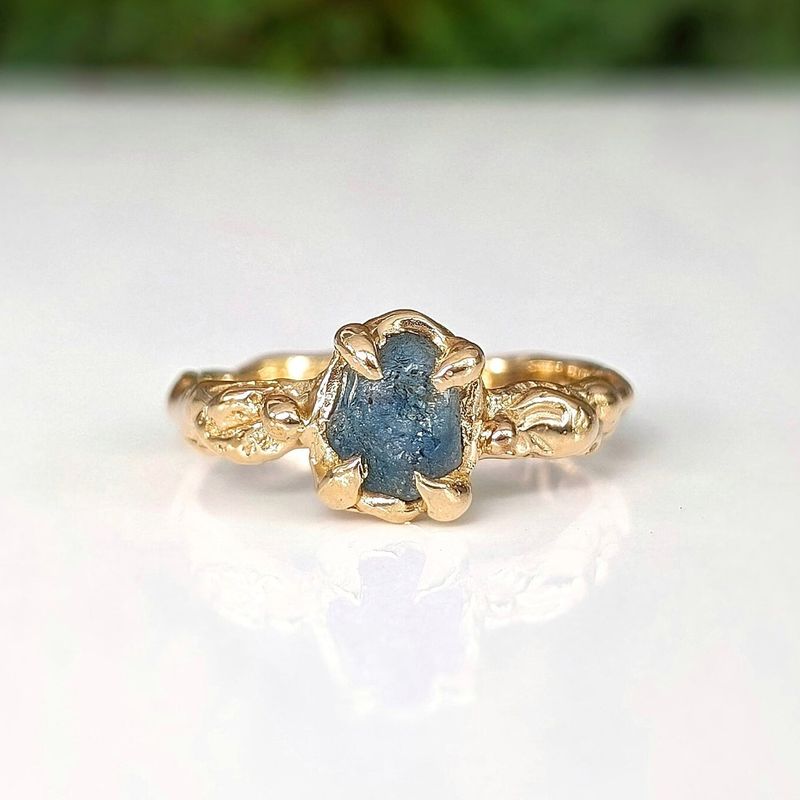 Raw Montana Sapphire engagement ring in Solid 14k Gold